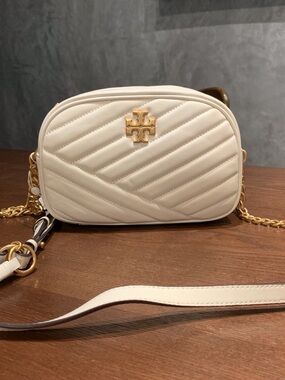 Tory Burch Cream Quilted Camera Crossbody with Gold Logo